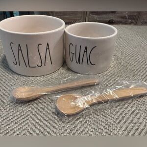 Rae Dunn Salsa & Guac Bowls and Wooden Serving Spoons Excellent Condition NWOT